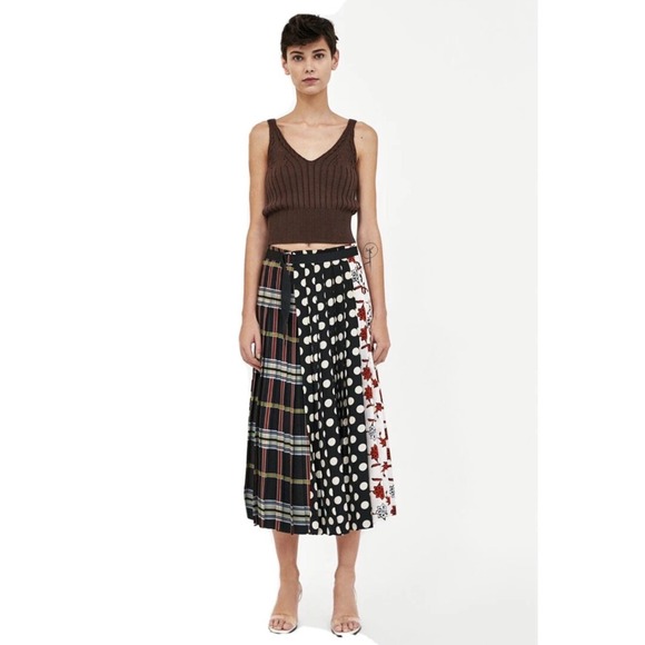 Zara Woman Mixed Print Pleated Midi Skirt Plaid Polka Dot Floral Black Red M - Picture 4 of 16